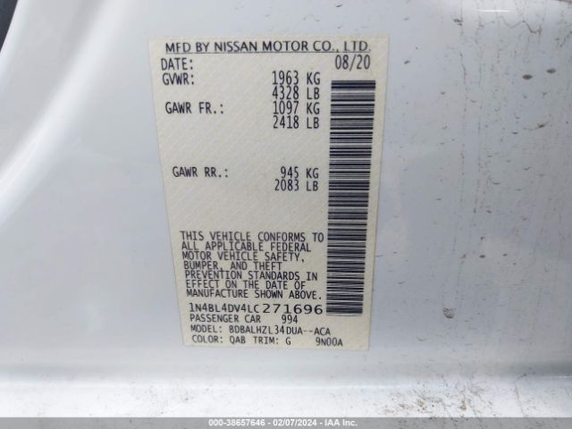 1N4BL4DV4LC271696 Nissan Altima Sv Fwd