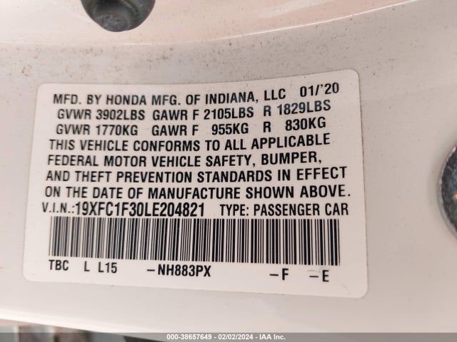Honda CIVIC EX 2020 19XFC1F30LE204821 Image 9