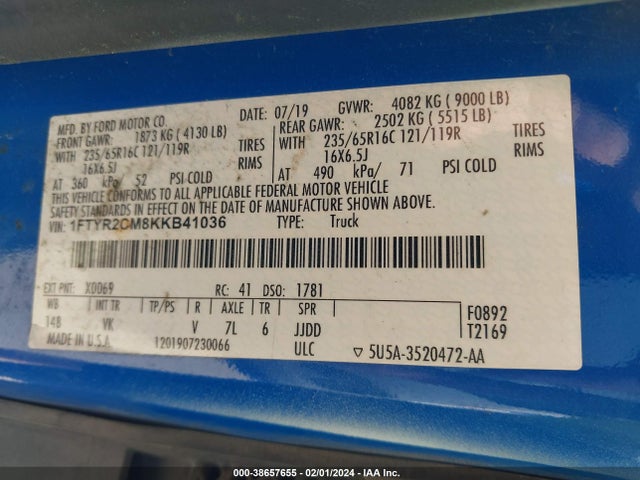 Ford Transit-250 2019 1FTYR2CM8KKB41036 Image 9