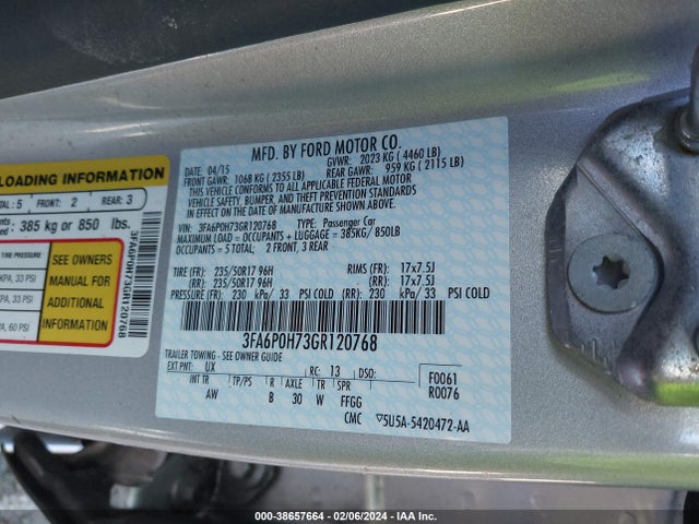 Ford FUSION SE 2016 3FA6P0H73GR120768 Image 9