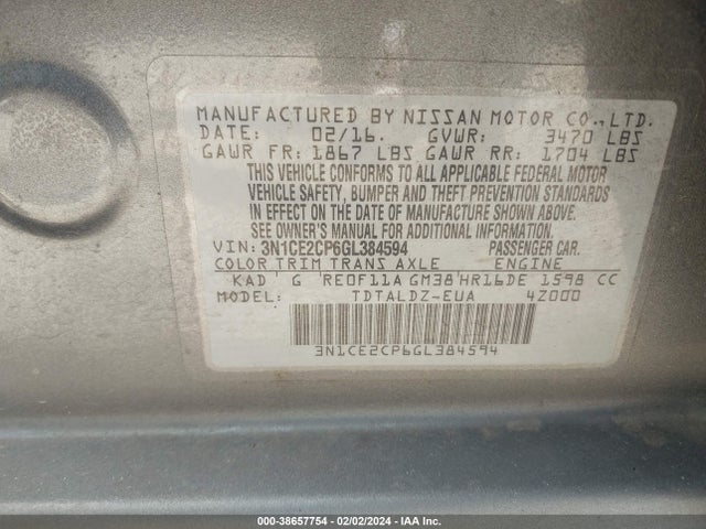 Nissan Versa Note S (sr)/s Plus/sl/sr/sv 2016 3N1CE2CP6GL384594 Image 9