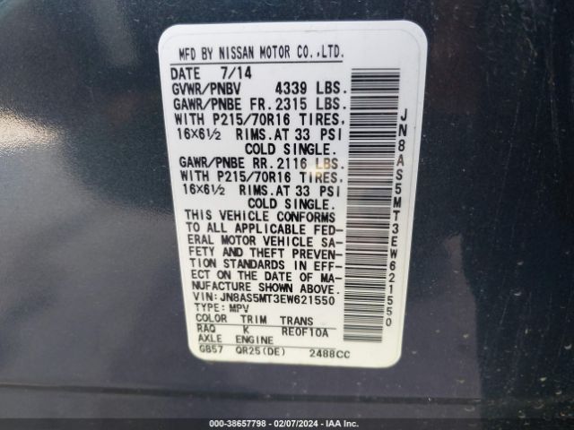 JN8AS5MT3EW621550 Nissan Rogue Select S