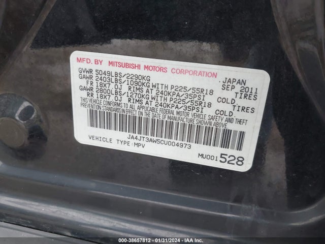 2012 MITSUBISHI OUTLANDER SE VIN: JA4JT3AW5CU004973