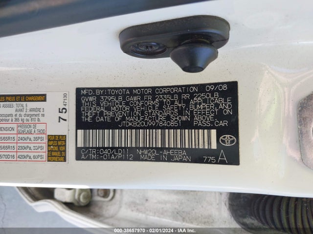 2009 TOYOTA PRIUS VIN: JTDKB20U997840851