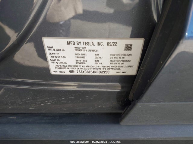 Tesla Model X Plaid Tri Motor All-wheel Drive 2022 7SAXCBE64NF362200 Image 9