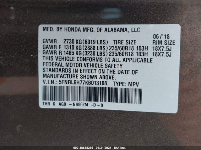 Honda Odyssey Ex-l 2019 5FNRL6H77KB013108 Image 9