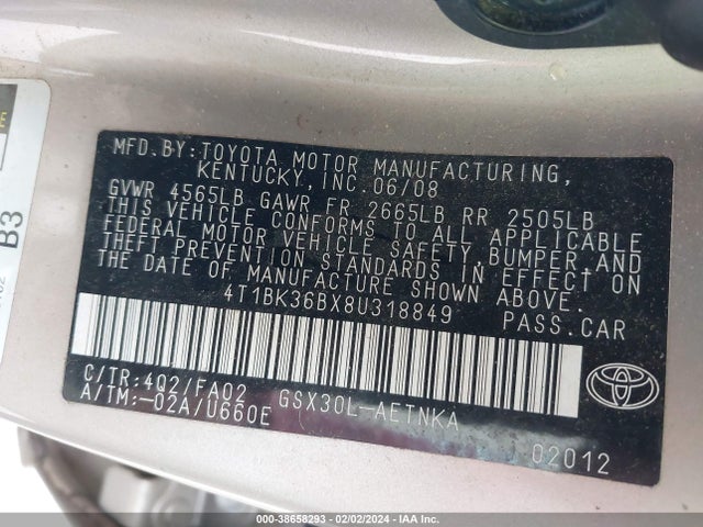 2008 TOYOTA AVALON XL VIN: 4T1BK36BX8U318849