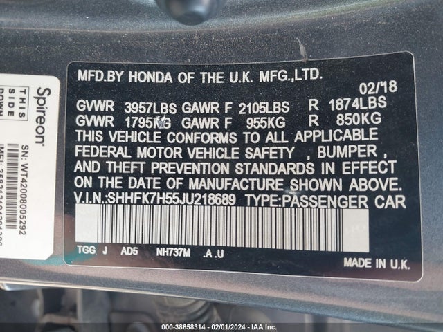 Honda CIVIC EX 2018 SHHFK7H55JU218689 Image 9