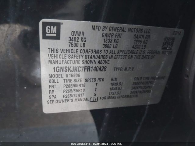1GNSKJKC7FR140428 Chevrolet Suburban 1500 Lt