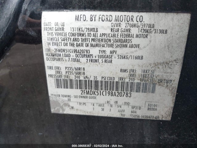 2009 FORD FLEX SE VIN: 2FMDK51C19BA20783