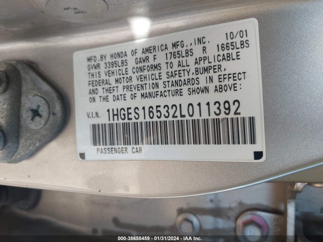 2002 HONDA CIVIC LX VIN: 1HGES16532L011392