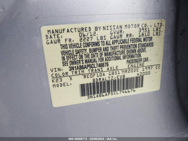 2012 NISSAN SENTRA 2.0 S VIN: 3N1AB6AP5CL746676
