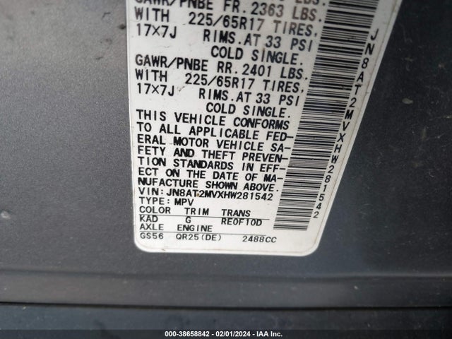 Nissan ROGUE SV 2017 JN8AT2MVXHW281542 Image 9
