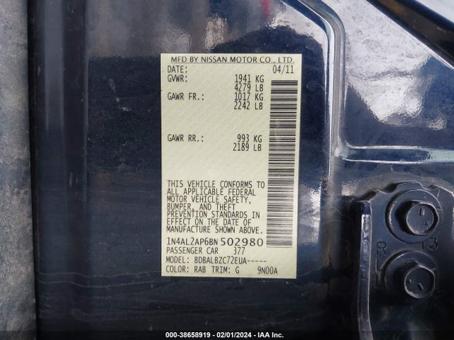 2011 NISSAN ALTIMA 2.5 S VIN: 1N4AL2AP6BN502980