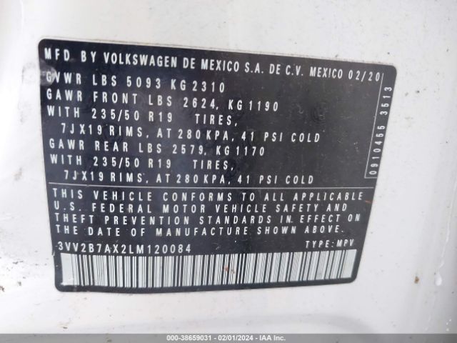 3VV2B7AX2LM120084 Volkswagen Tiguan 2.0t Se/2.0t Se R-line Black/2.0t Sel