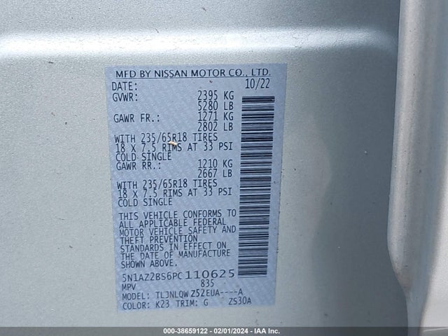 2023 NISSAN MURANO SV INTELLIGENT AWD VIN: 5N1AZ2BS6PC110625