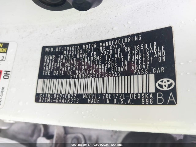 2015 TOYOTA COROLLA S PLUS VIN: 5YFBURHE9FP365552