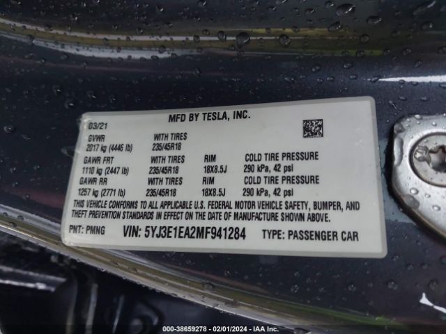 5YJ3E1EA2MF941284 Tesla Model 3 Standard Range Plus Rear-wheel Drive