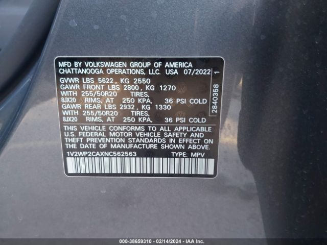 1V2WP2CAXNC562563 Volkswagen Atlas 2.0t Se W/technology