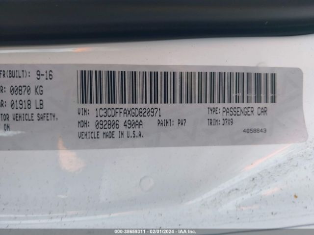 1C3CDFFAXGD820971 Dodge Dart Sxt Sport