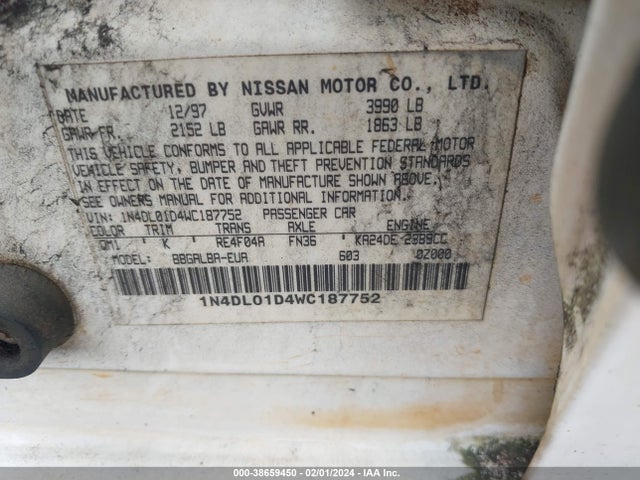 1998 NISSAN ALTIMA GLE/GXE/SE/XE VIN: 1N4DL01D4WC187752