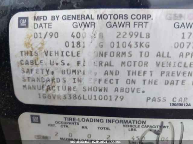 1990 CADILLAC ALLANTE CV/HT VIN: 1G6VR3386LU100179