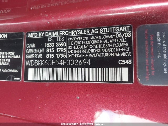 2004 MERCEDES-BENZ SLK 320 VIN: WDBKK65F54F302694