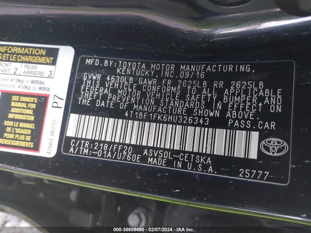 Toyota CAMRY SE 2017 4T1BF1FK6HU326343 Image 9