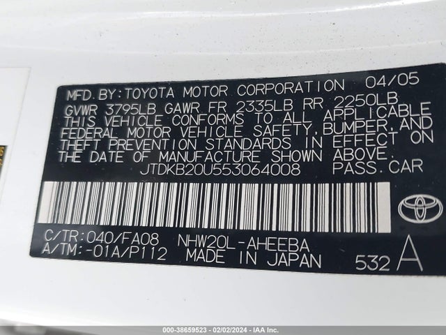 2005 TOYOTA PRIUS VIN: JTDKB20U553064008