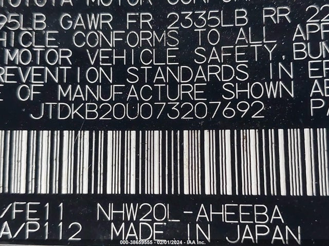 2007 TOYOTA PRIUS VIN: JTDKB20U073207692