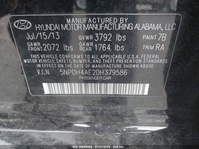 2013 HYUNDAI ELANTRA GLS VIN: 5NPDH4AE2DH379586