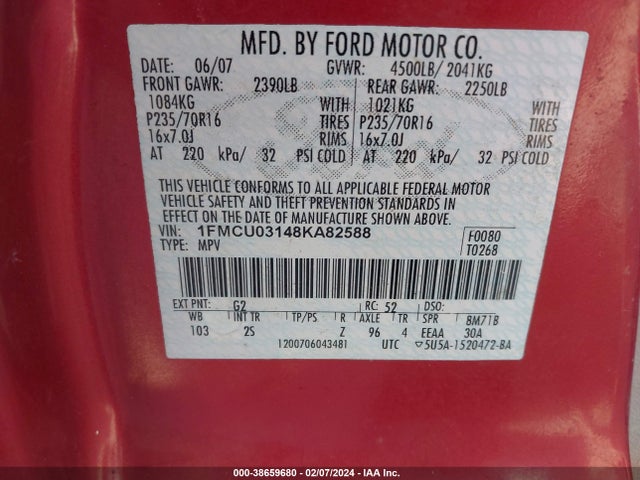 2008 FORD ESCAPE XLT VIN: 1FMCU03148KA82588