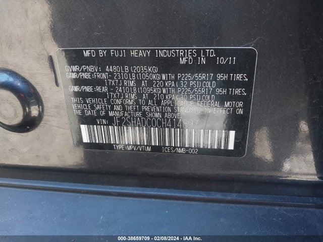 2012 SUBARU FORESTER 2.5X PREMIUM VIN: JF2SHADC0CH414897