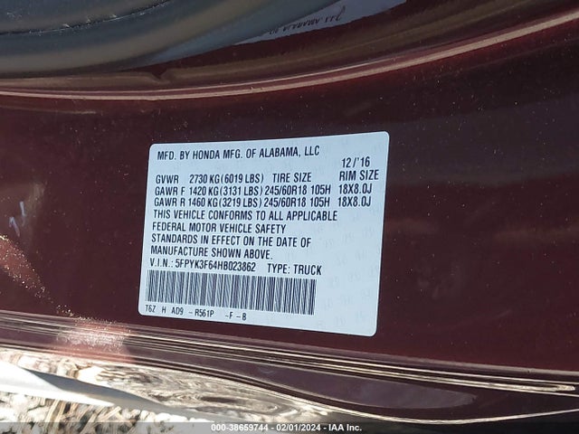 Honda Ridgeline Rtl-t 2017 5FPYK3F64HB023862 Image 9