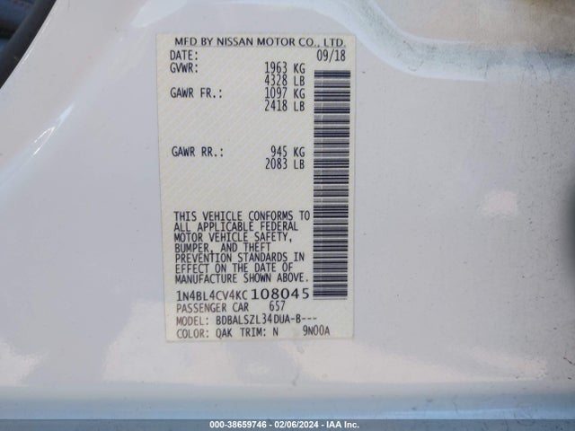 Nissan Altima 2.5 Sr 2019 1N4BL4CV4KC108045 Image 9