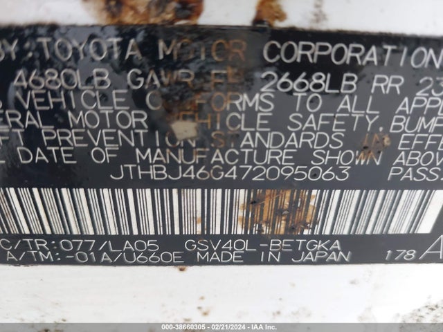 2007 LEXUS ES 350 VIN: JTHBJ46G472095063