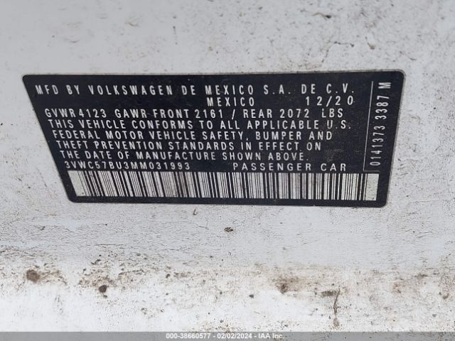 3VWC57BU3MM031993 Volkswagen Jetta 1.4t R-line/1.4t S/1.4t Se
