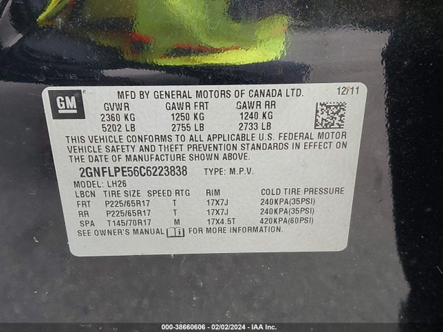 2012 CHEVROLET EQUINOX 2LT VIN: 2GNFLPE56C6223838