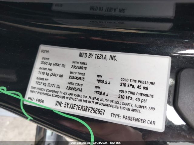 5YJ3E1EA3KF296657 Tesla Model 3 Long Range/mid Range/standard Range/standard Range Plus