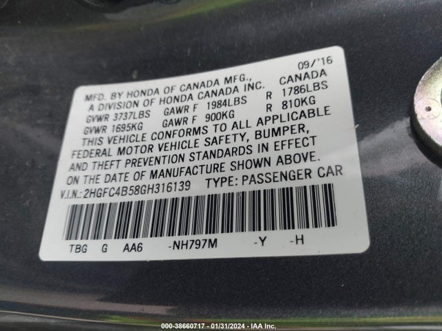 2016 HONDA CIVIC LX VIN: 2HGFC4B58GH316139