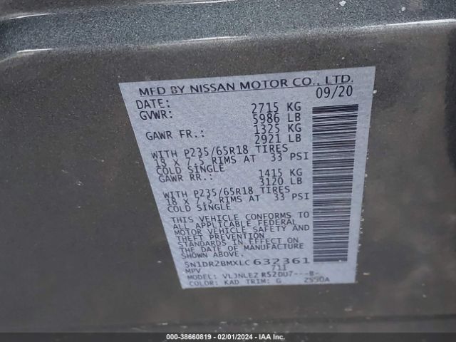 5N1DR2BMXLC632361 Nissan Pathfinder Sv 4wd