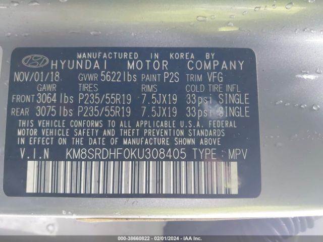 KM8SRDHF0KU308405 Hyundai Santa Fe Xl Limited Ultimate