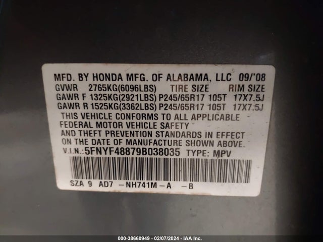 2009 HONDA PILOT TOURING VIN: 5FNYF48879B038035