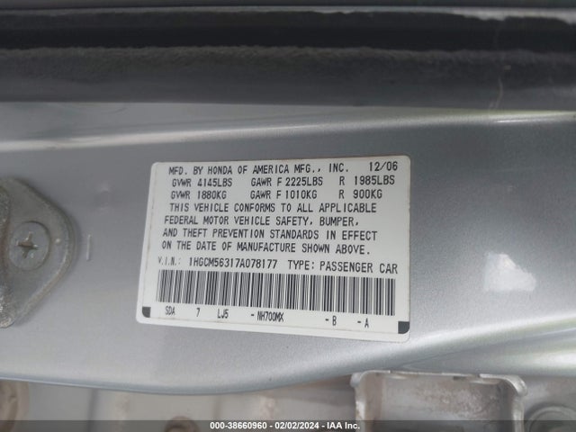 2007 HONDA ACCORD 2.4 SE VIN: 1HGCM56317A078177
