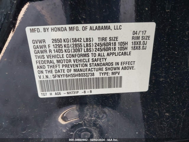 Honda Pilot Ex-l 2017 5FNYF6H55HB033738 Image 9