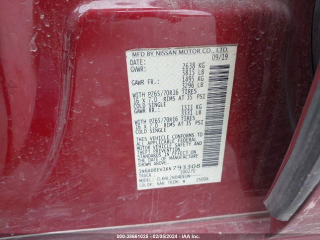 1N6AD0EV1KN793308 Nissan Frontier Sv