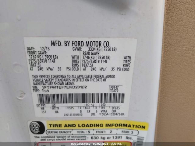 1FTFW1EF7EKD20102 Ford F-150 Lariat