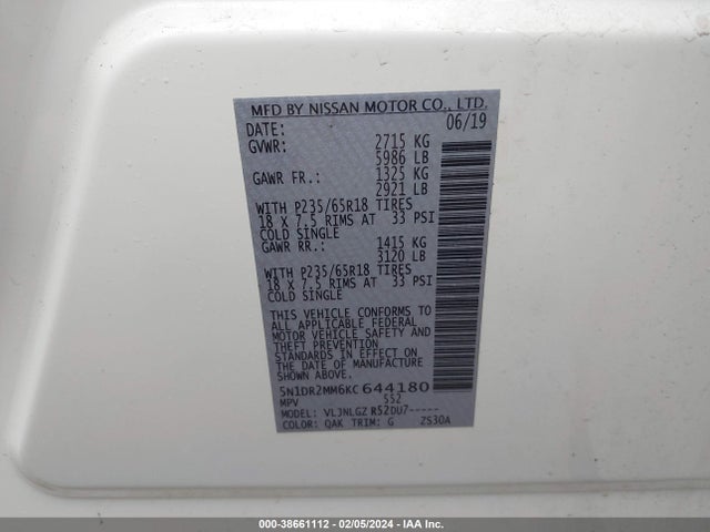 2019 NISSAN PATHFINDER SL VIN: 5N1DR2MM6KC644180