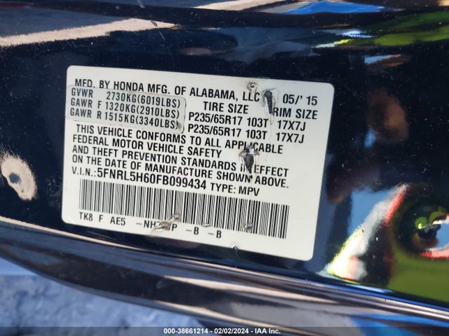 Honda Odyssey Ex-l 2015 5FNRL5H60FB099434 Image 9