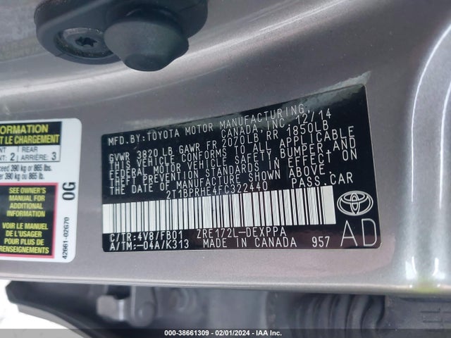 2015 TOYOTA COROLLA LE ECO PLUS VIN: 2T1BPRHE4FC322440